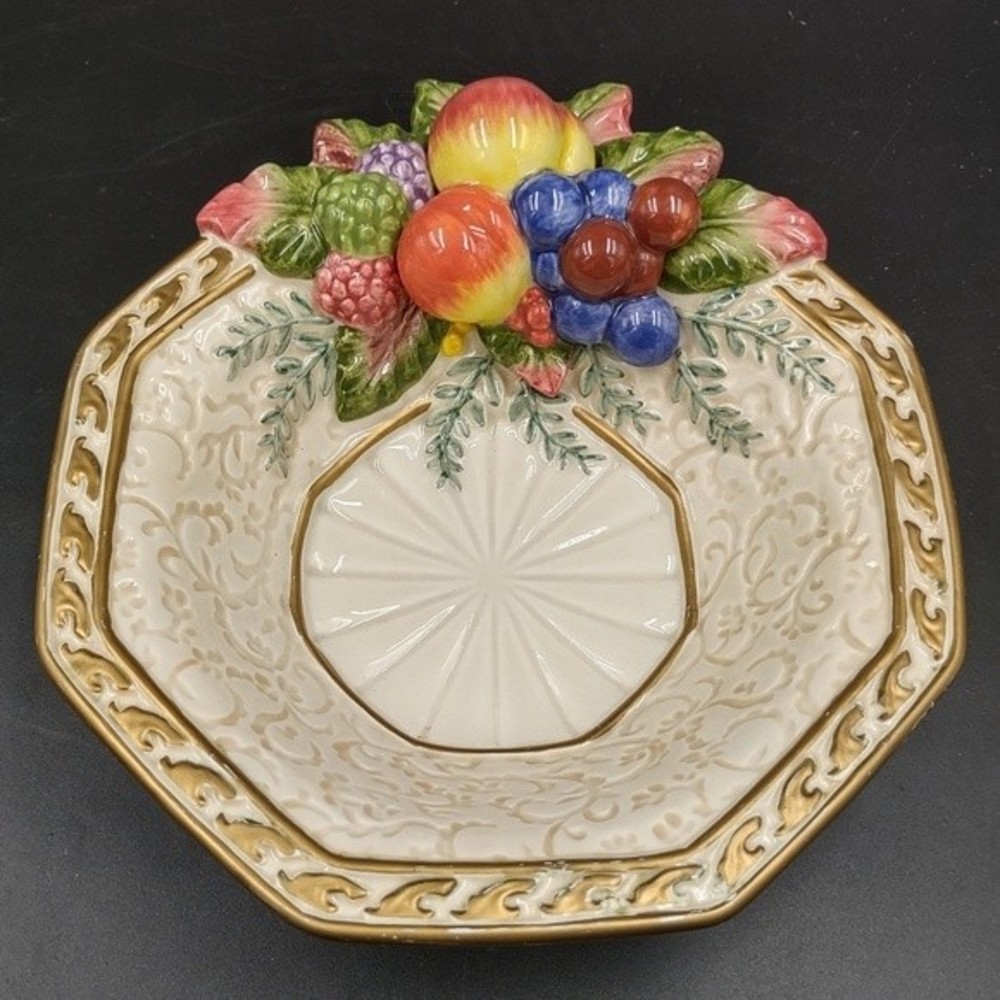 Vintage Fitz and Floyd Venezia Open Candy Dish Bowl Embossed Fruit Gold Guilding